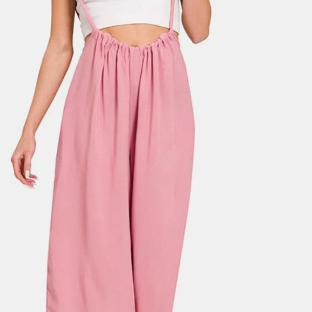 Zenana Women's Pink Sleeveless Tie Back Jumpsuit Size M Casual - Picture 2 of 5
